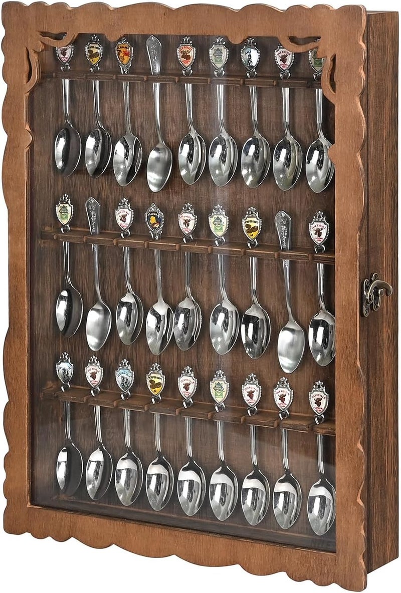 Ikee Design Wooden 30-Souvenir Spoon Display Case Cabinet, Wall-Mounted Tea Spoon Rack with Tempered Glass Suitable for Collection Display, 13.4W x 2.6D x 15.7H in - Image 4